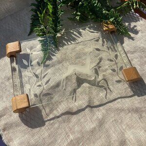 Vintage Unique 1970's Boho MCM Etched Glass Serving Tray With Deer Design & Wood